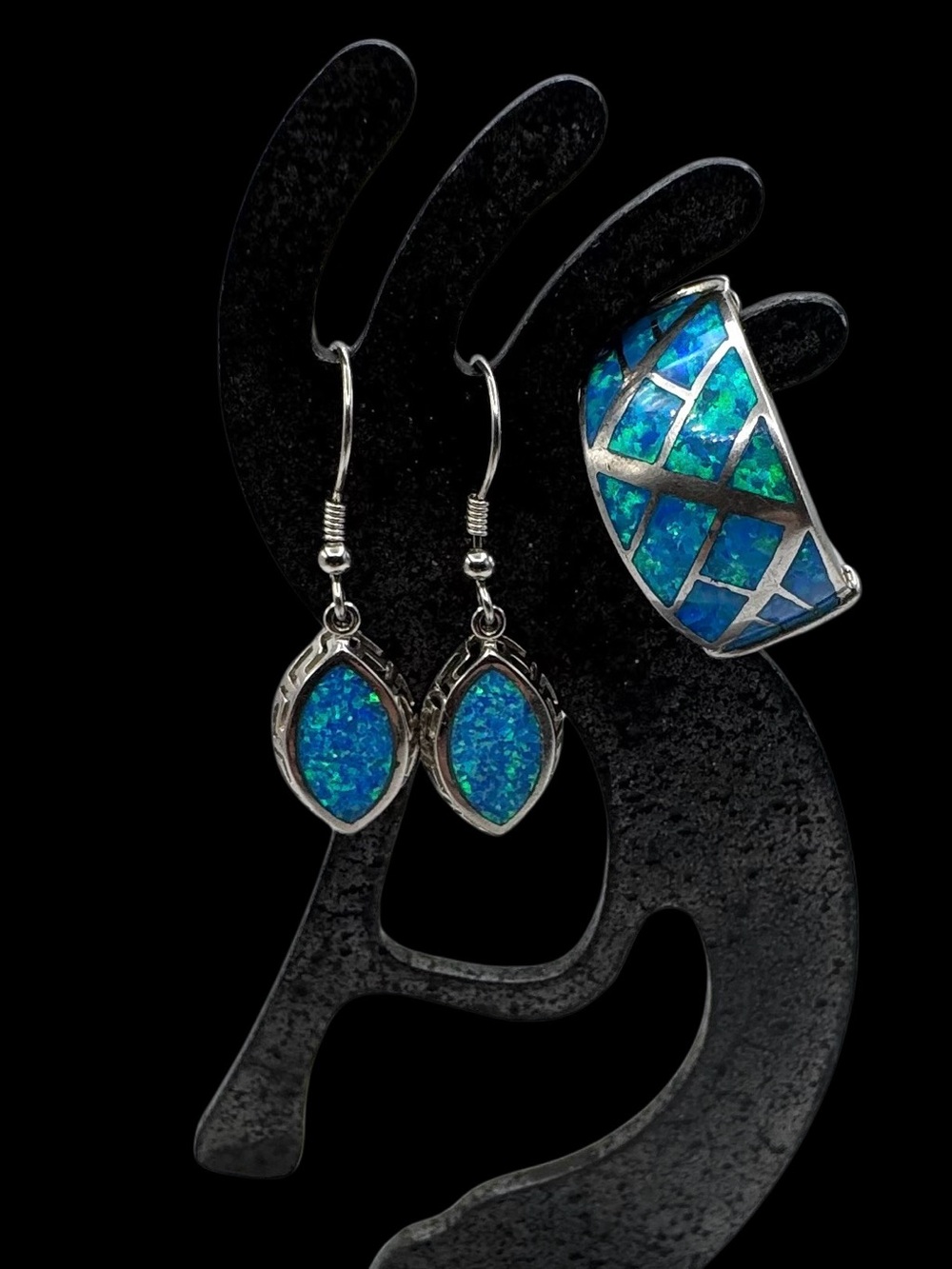 Womens Sterling Silver Lab Fire Opal Inlay Dangle Earrings Ring 9 Jewelry Set